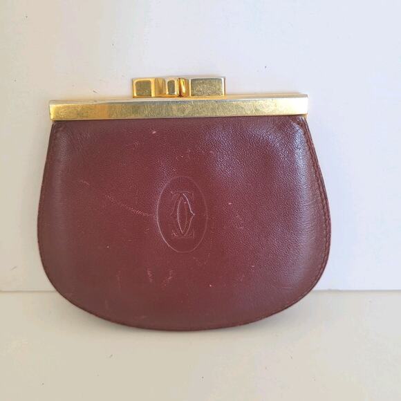Cartier Vintage Coin Holder Wallet Bordeaux Leather Small Red Burgundy Kisslock - Picture 1 of 10
